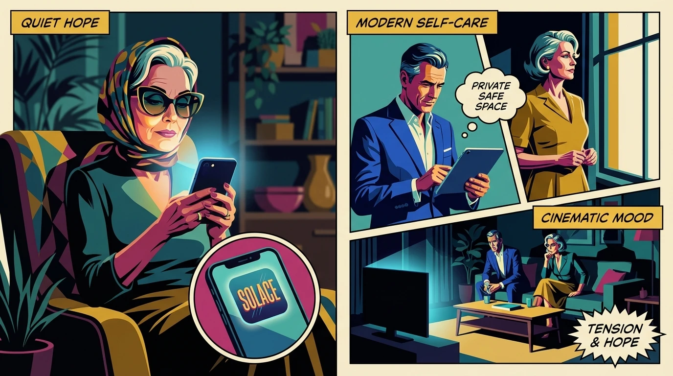 A person finding a moment of peace and reflection while using one of the many free ai therapy apps on their smartphone in a calm, private setting. Filename: free-ai-therapy-apps-bestie-ai.webp