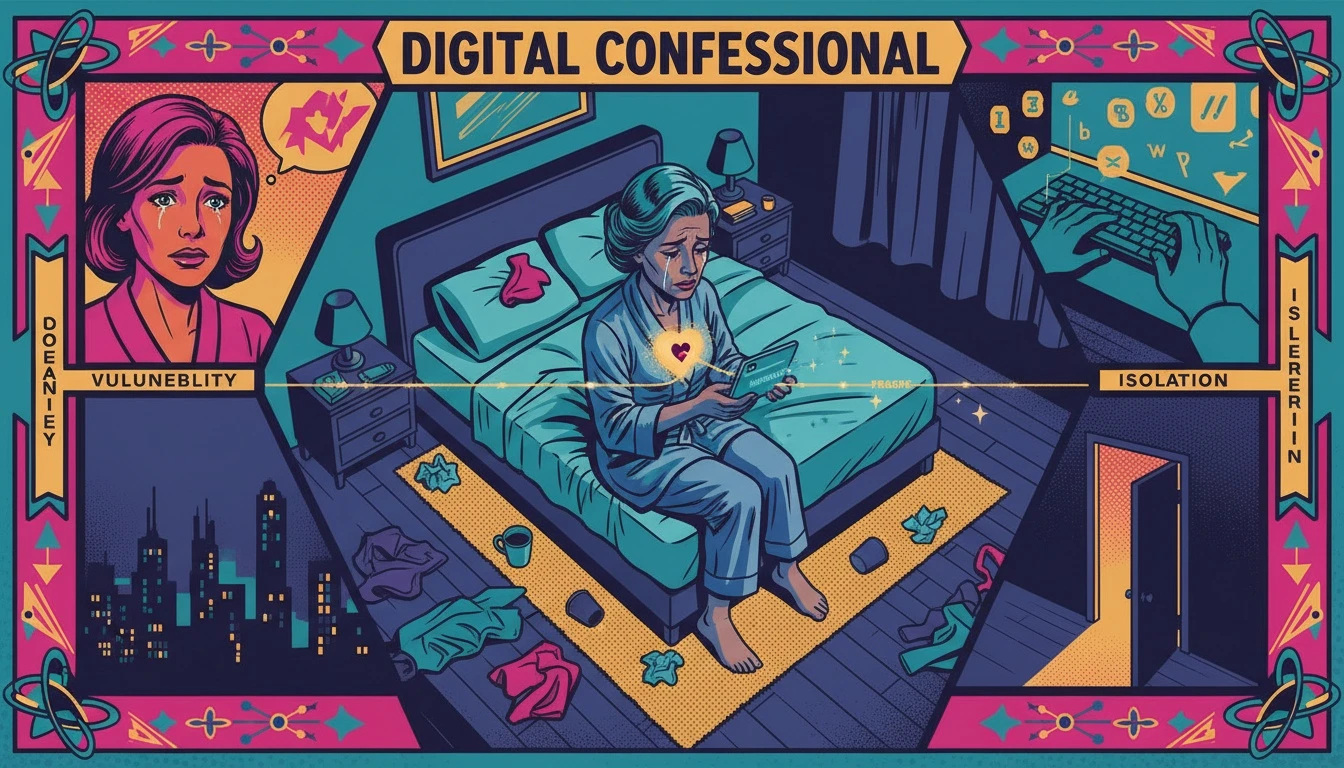 A person in a dark room finding solace with free ai therapy chatbots on their glowing smartphone, symbolizing the search for affordable mental health support. Filename: free-ai-therapy-chatbots-bestie-ai.webp