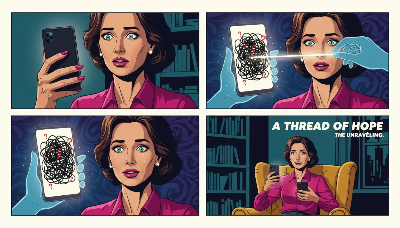 An illustrative image showing how a free cbt therapy chatbot online helps with cognitive restructuring by untangling a chaotic thought scribble into a clear line on a smartphone. free-cbt-therapy-chatbot-online-untangling-thoughts.webp