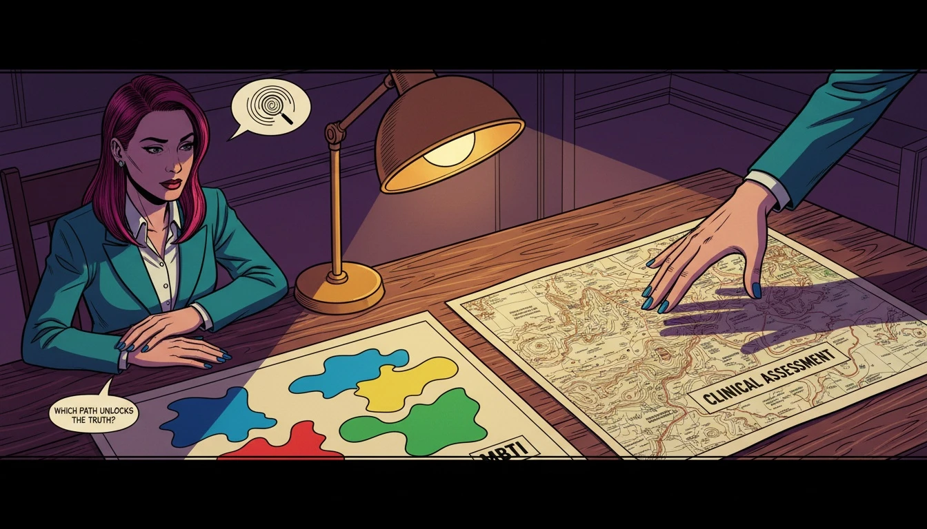 A person contemplating two different personality maps, illustrating the choice between a simple quiz and a more detailed free MMPI test alternative for deeper self-discovery. Filename: free-mmpi-test-alternative-bestie-ai.webp