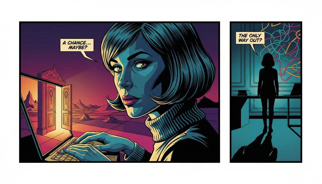 A person in a dark room finding hope on their laptop, which displays an open, glowing door symbolizing the search for accessible free online therapy sessions. Filename: free-online-therapy-sessions-bestie-ai.webp