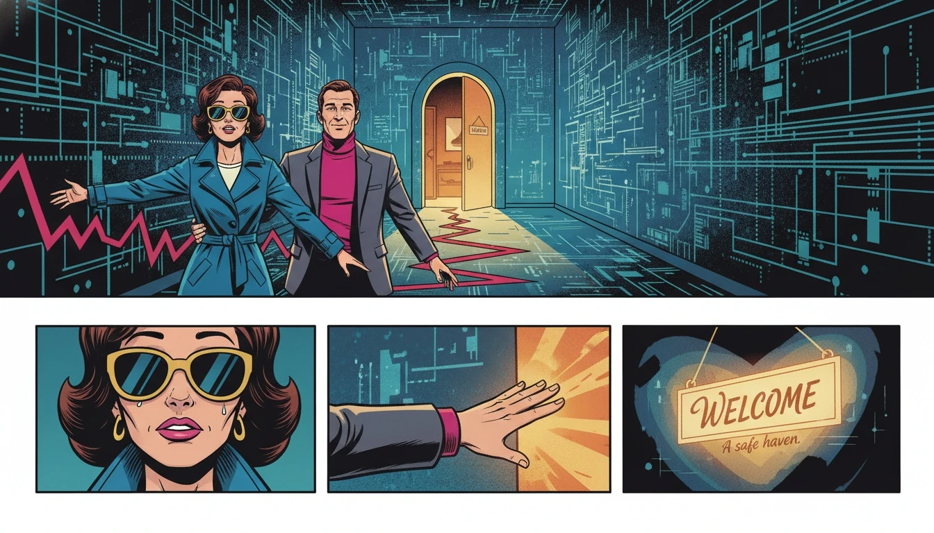 A glowing, welcoming door representing a free Tolan alternative for emotional support, standing open in a cold, digital hallway. Filename: free-tolan-alternative-bestie-ai.webp