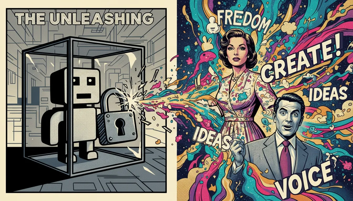 A symbolic image representing the difference between limited and free unfiltered ai chat, showing a dull, locked bot on one side and a burst of colorful creativity on the other. Filename: free-unfiltered-ai-chat-bestie-ai.webp