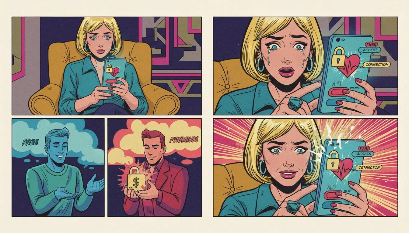 A person considering the choice of a free vs paid AI girlfriend, illustrated by a phone screen showing a chat interface with a locked heart symbol, representing premium features. a-person-considers-a-free-vs-paid-ai-girlfriend-bestie-ai.webp