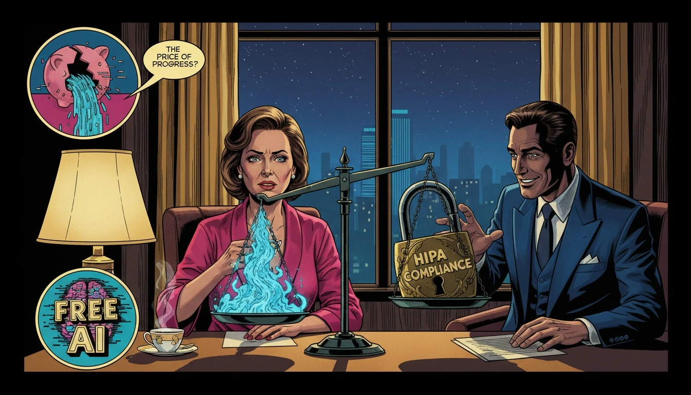 A symbolic image showing the risks of a free vs paid AI scribe for therapists, with a scale weighing 'Free AI' against a heavy 'HIPAA Compliance' lock, illustrating the potential data privacy trade-offs for AI therapy notes. Filename: free-vs-paid-ai-scribe-for-therapists-bestie-ai.webp