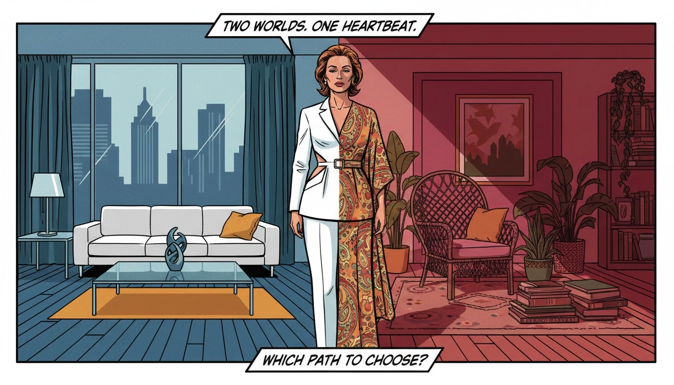 A woman stands between two different worlds, reflecting the internal conflict that arises when friends disapprove of my boyfriend. friends-disapprove-of-my-boyfriend-bestie-ai.webp