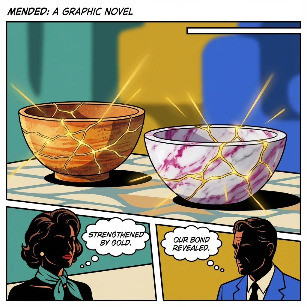 Two beautiful kintsugi bowls representing how a friendship compatibility test can reveal and strengthen the bonds between different personalities. filename: friendship-compatibility-test-bestie-ai.webp