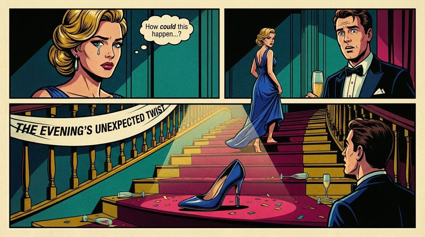 An abandoned high heel on a staircase, symbolizing one of the funniest Jennifer Lawrence moments and the beauty of imperfection. Filename: funniest-jennifer-lawrence-moments-bestie-ai.webp