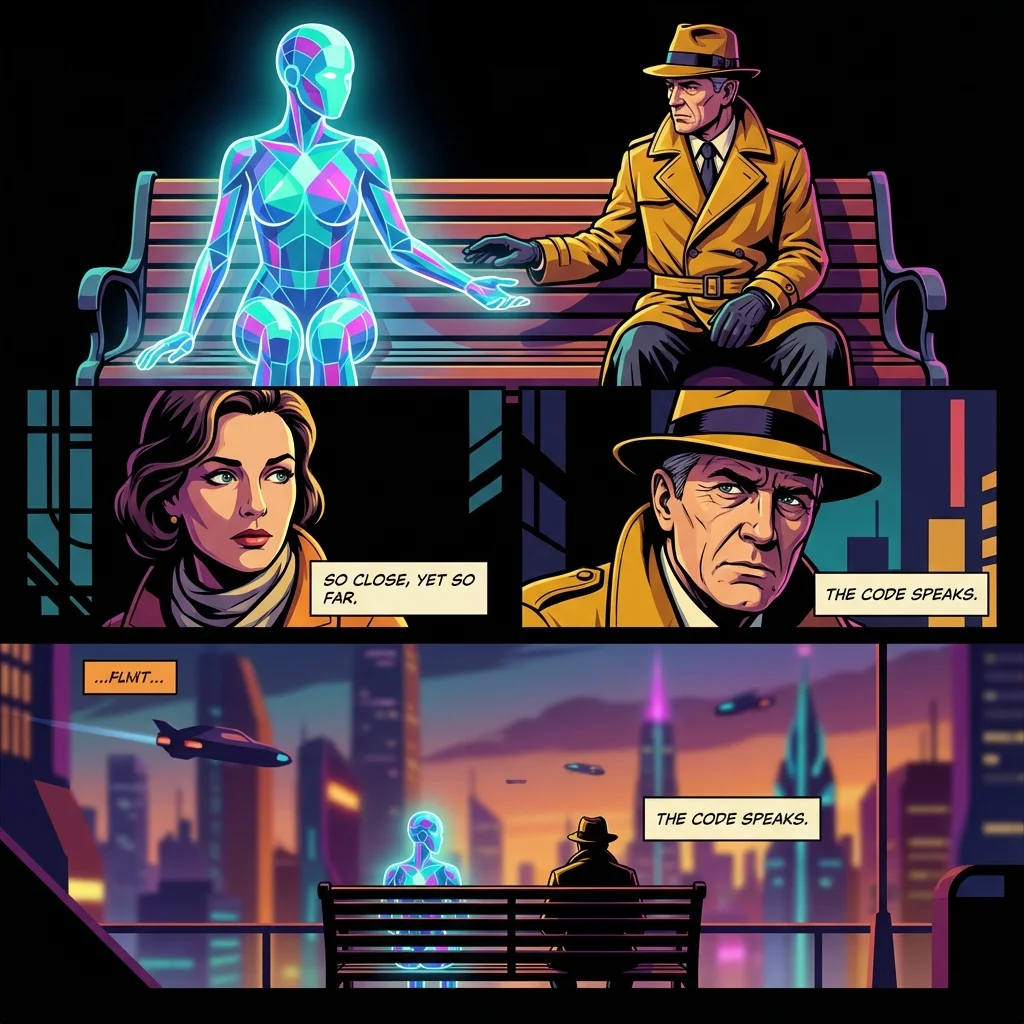 A person sitting with an AI companion on a bench, contemplating the future of AI friendships in society. filename: future-of-ai-friendships-in-society-bestie-ai.webp