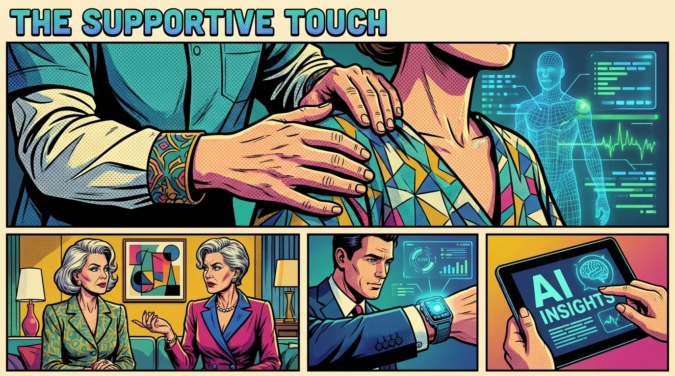 A depiction of the future of AI in physical therapy, showing a therapist's hands-on treatment augmented by glowing data streams, symbolizing the partnership between human care and technology. File: future-of-ai-in-physical-therapy-bestie-ai.webp