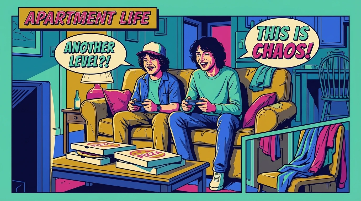 A humorous depiction of the Gaten Matarazzo Finn Wolfhard apartment experience, showing two friends laughing amidst a relatable mess, capturing the spirit of their celebrity roommate story. File: gaten-matarazzo-finn-wolfhard-apartment-bestie-ai.webp