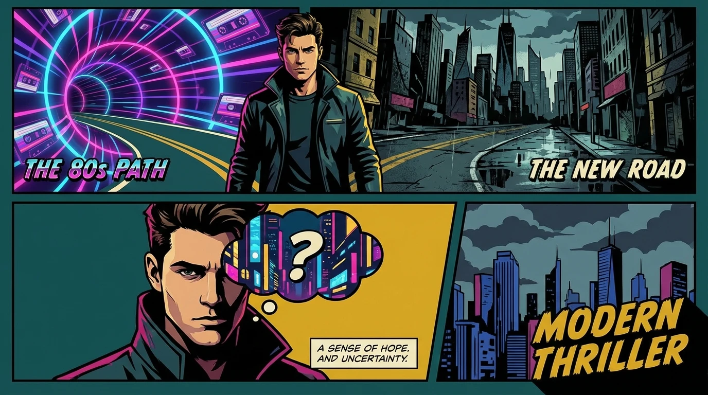 A symbolic image about Gaten Matarazzo upcoming movies and shows after 'Stranger Things', showing the young actor at a career crossroads, looking toward a new future. Filename: gaten-matarazzo-upcoming-movies-and-shows-bestie-ai.webp