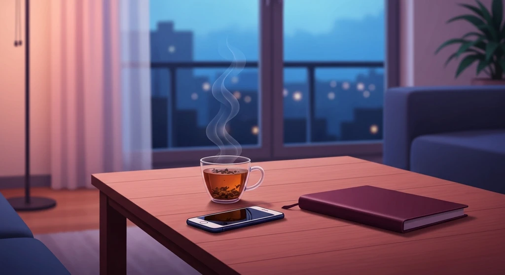 geopolitical-anxiety-management-bestie-ai.webp - A person practicing geopolitical anxiety management by silencing their phone and focusing on a peaceful evening routine.