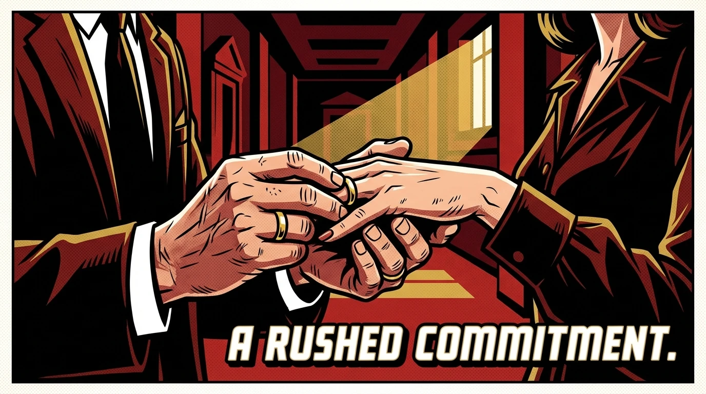 A close-up shot of Georgie putting a ring on Mandy's finger in a courthouse, symbolizing the beginning of Georgie and Mandy's first marriage after their complex journey on Young Sheldon. File: georgie-and-mandys-first-marriage-bestie-ai.webp