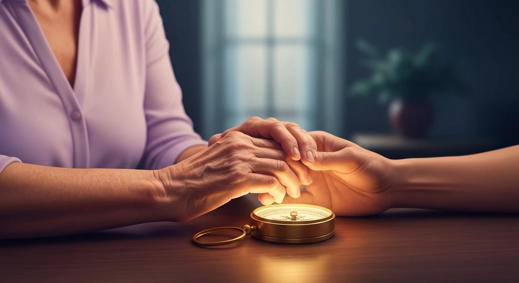 Two hands, one older and one younger, representing a couple getting married with a large age gap as they hold a compass to navigate their future. getting-married-with-a-large-age-gap-bestie-ai.webp