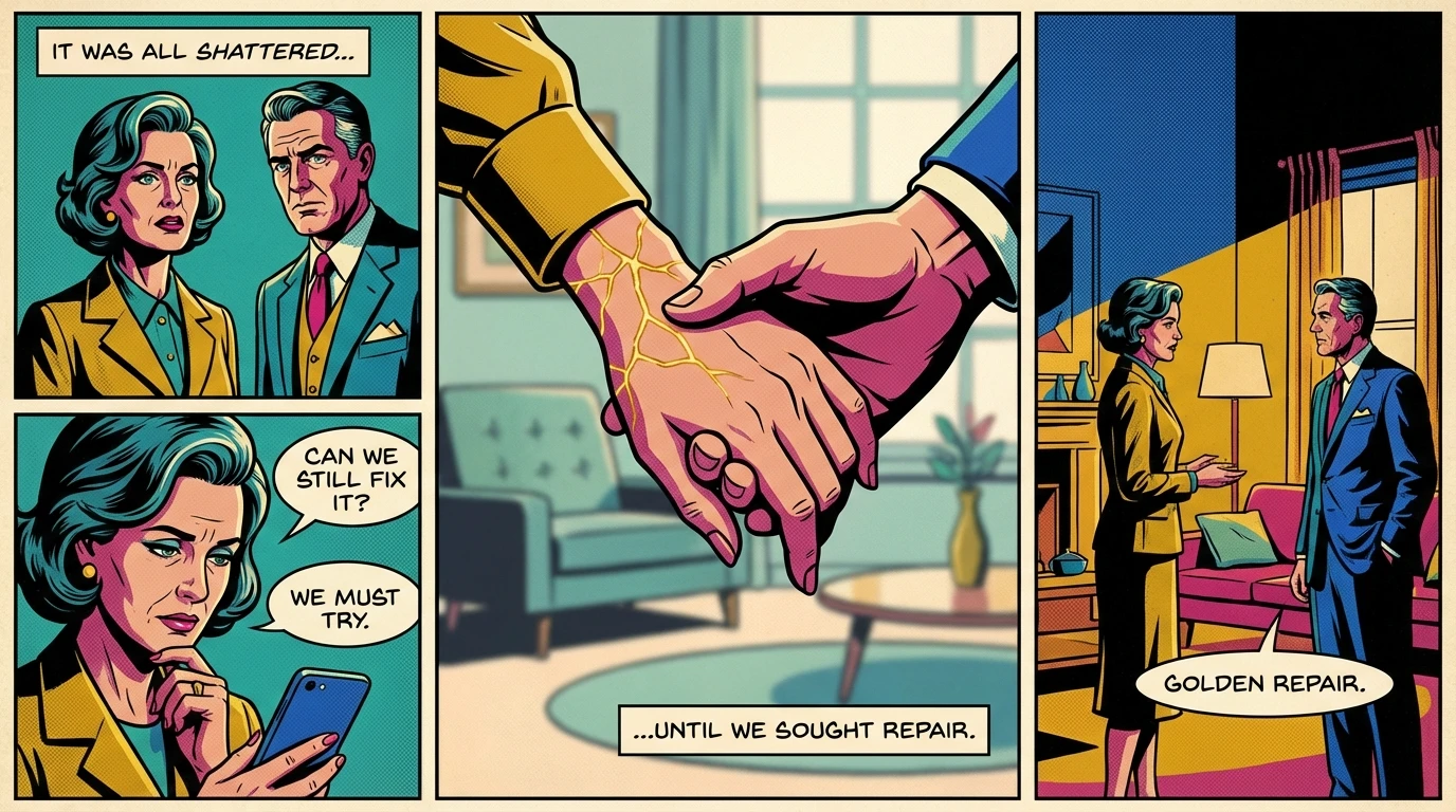 A symbolic image representing getting over a painful memory in a relationship, showing two hands carefully mending a glowing crack, like kintsugi. Filename: getting-over-a-painful-memory-in-a-relationship-bestie-ai.webp