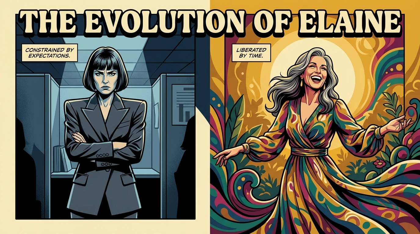 A symbolic image representing one of Gillian Anderson's iconic fashion moments, showing the evolution from a restrictive 90s power suit to a confident, flowing gown. Filename: gillian-anderson-iconic-fashion-moments-bestie-ai.webp