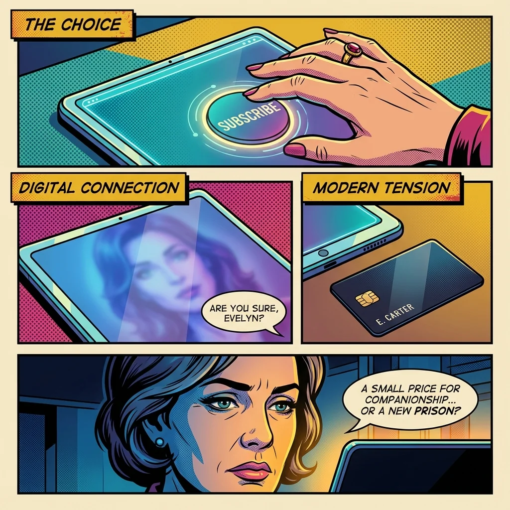 A person considers the GirlfriendGPT review and cost before subscribing, their hand hovering over a glowing button on a screen showing an AI companion. Filename: girlfriendgpt-review-and-cost-bestie-ai.webp