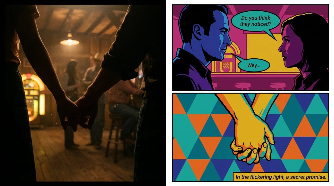 A symbolic image representing the rumored Glen Powell Michelle Randolph relationship, showing two figures dancing intimately, capturing the speculation and private nature of celebrity dating. filename: glen-powell-michelle-randolph-relationship-bestie-ai.webp