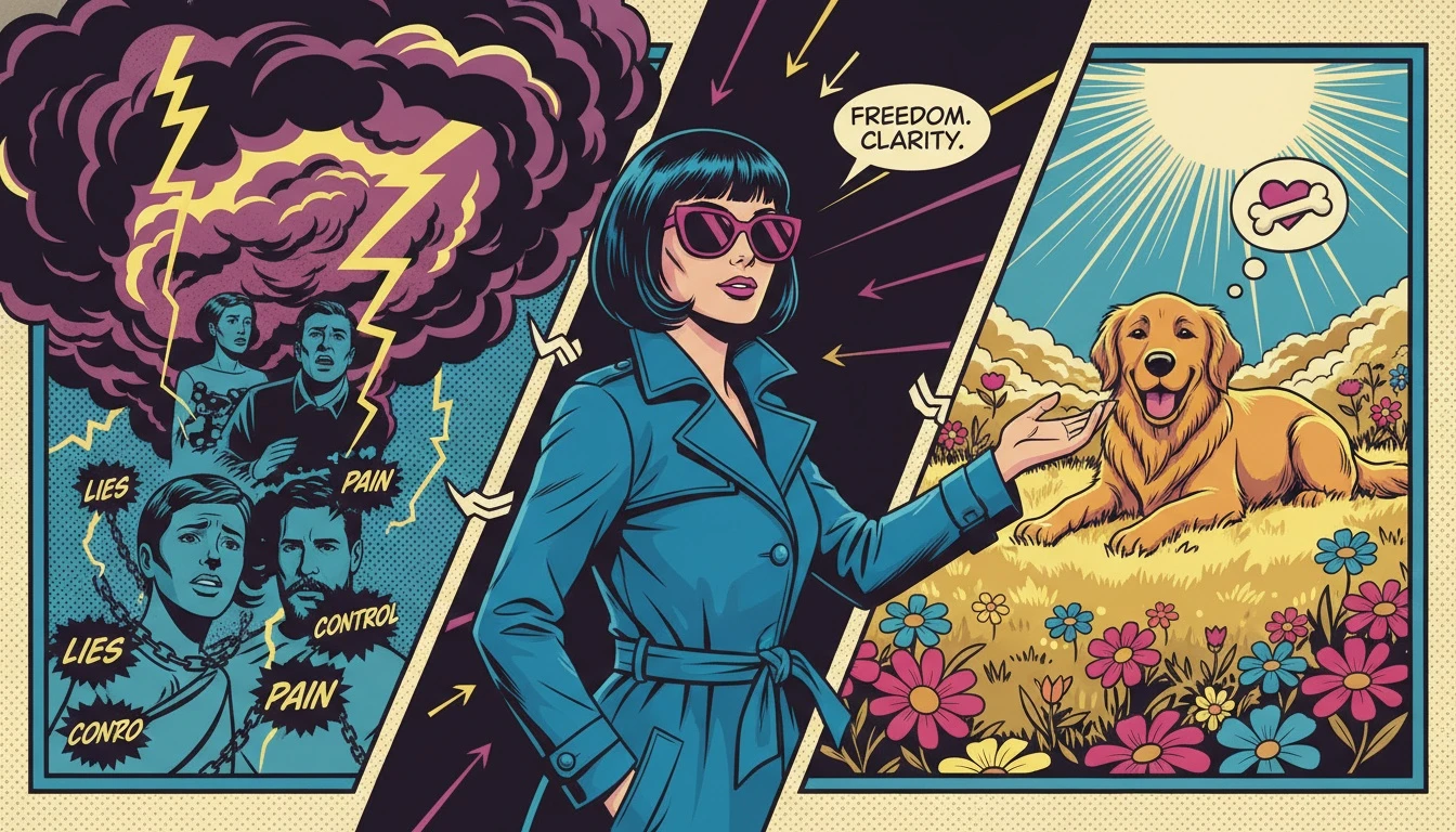 A symbolic image illustrating the choice between a golden retriever boyfriend vs bad boy archetype, showing a person turning from a storm towards a sunny field with a dog.