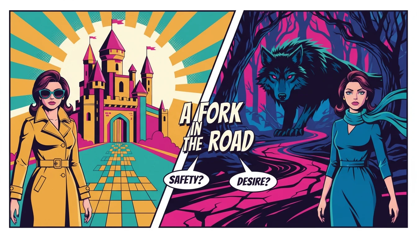 A woman at a crossroads, symbolizing the good guy vs bad boy psychology as she chooses between a safe castle and a mysterious forest with a wolf. good-guy-vs-bad-boy-psychology-bestie-ai.webp