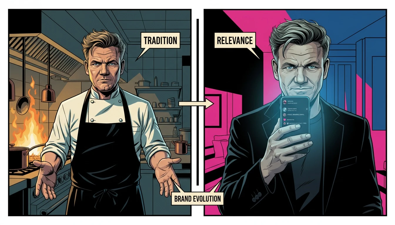 A split-screen image illustrating the Gordon Ramsay brand evolution, showing him in a professional kitchen on one side and engaging with a smartphone on the other. gordon-ramsay-brand-evolution-bestie-ai.webp