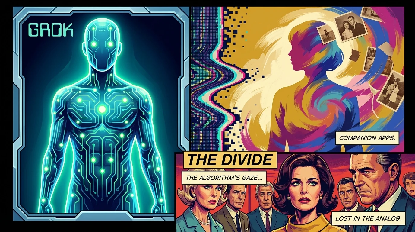 A conceptual image illustrating the choice between a generic AI and dedicated grok ai companion alternatives, showing a sterile, glowing figure versus a warm, colorful one. filename: grok-ai-companion-alternatives-bestie-ai.webp