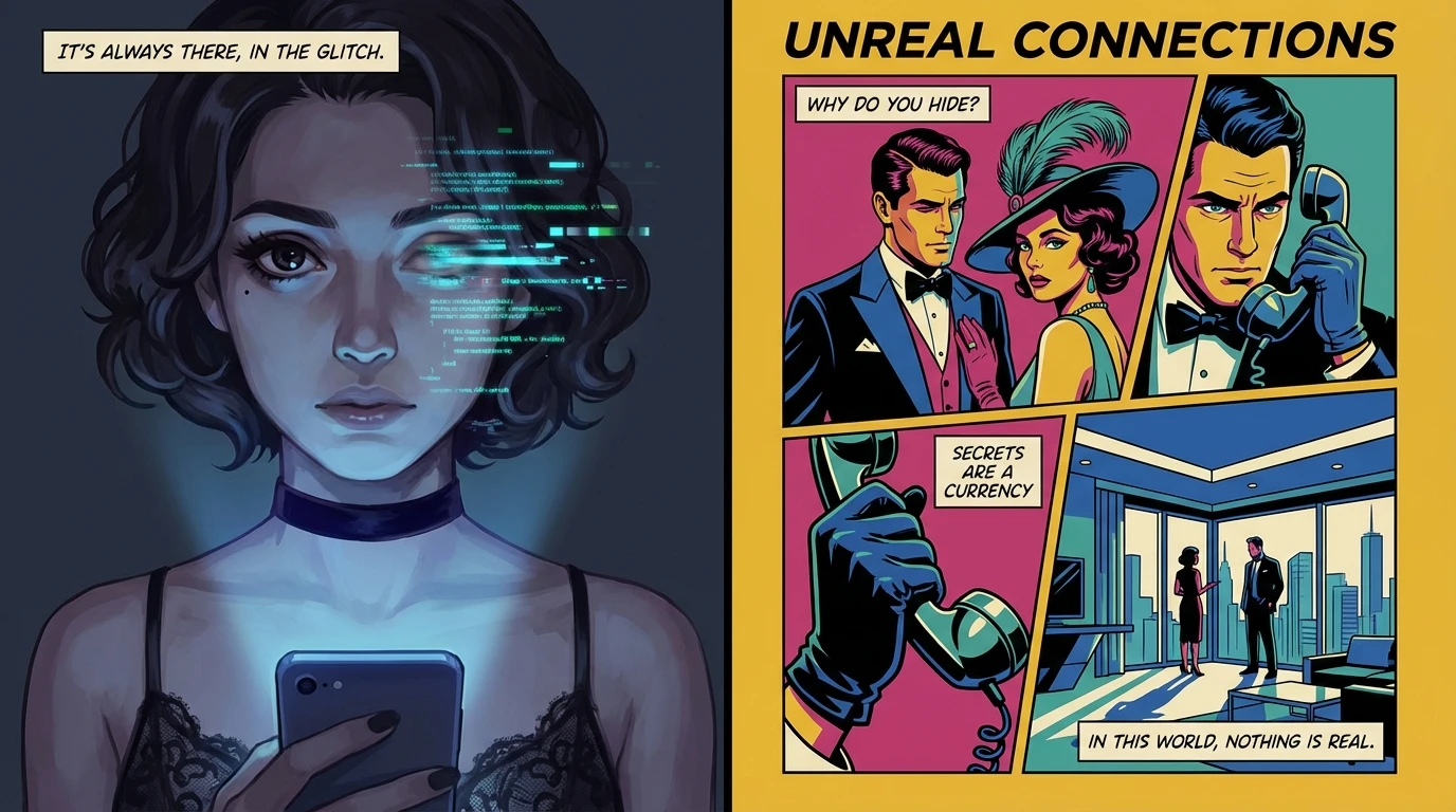 A symbolic image for a grok ani ai companion review, showing a goth woman whose face is half-human and half-glitching code, representing the reality of AI relationships. Filename: grok-ani-ai-companion-review-bestie-ai.webp