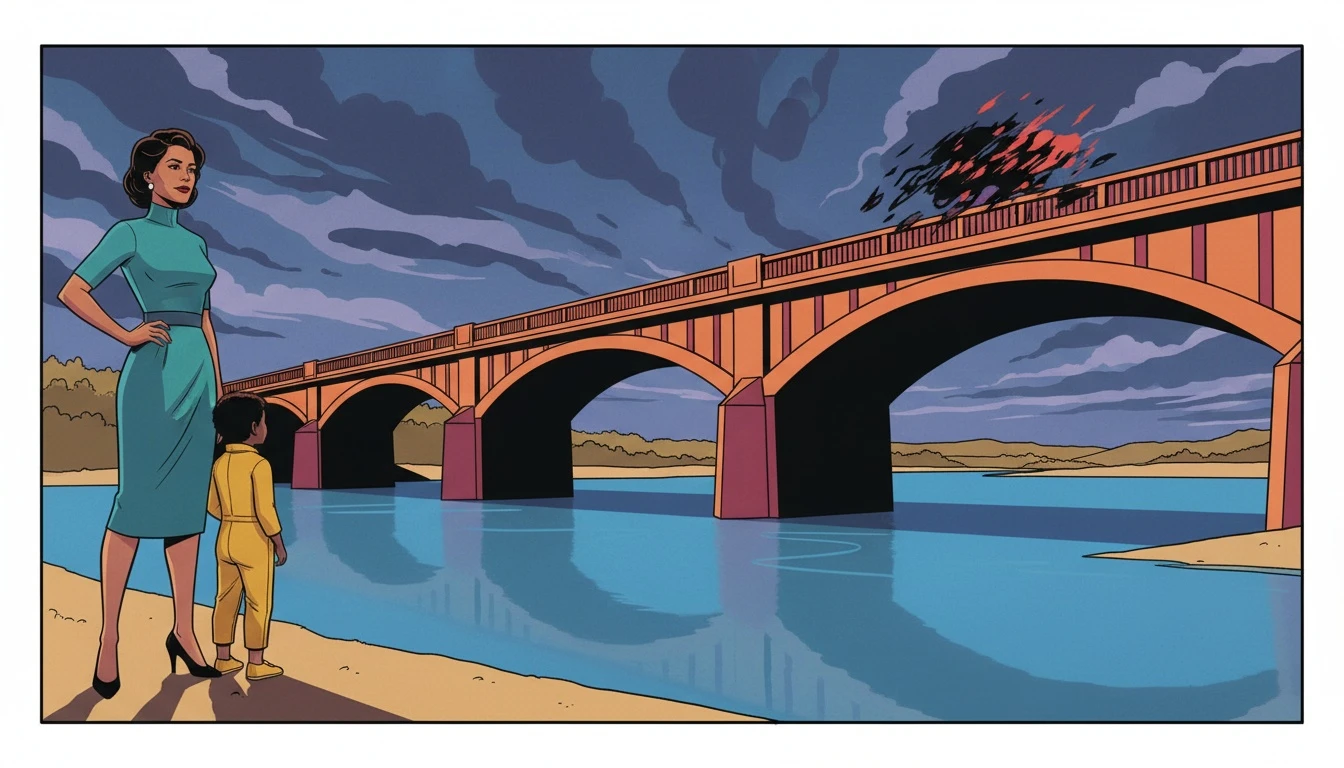 A visual guide to co-parenting with a difficult ex, showing a mother and child finding peace by establishing strong boundaries, represented by a bridge over troubled waters. Filename: guide-to-co-parenting-with-a-difficult-ex-bestie-ai.webp