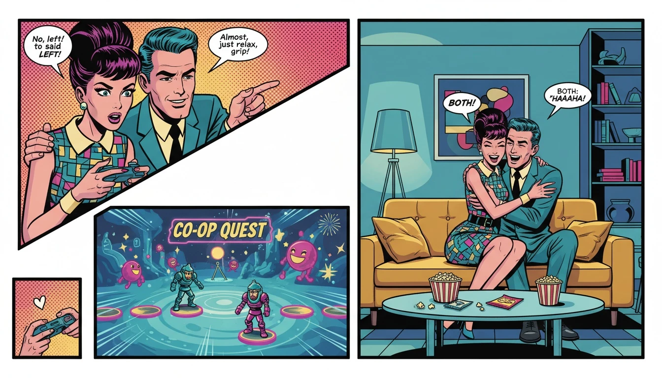 A couple connecting and laughing while one partner shares a guide to playing games with your boyfriend, symbolizing how shared hobbies can strengthen a relationship. filename: guide-to-playing-games-with-your-boyfriend-bestie-ai.webp