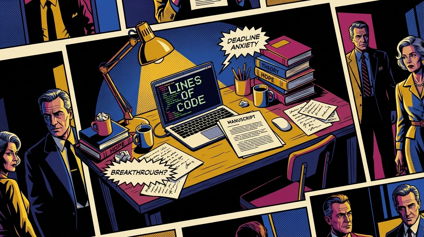 An atmospheric photo showing the desk of a researcher following a guide to publishing their first academic paper, symbolizing the challenges and dedication involved. Filename: guide-to-publishing-first-academic-paper-bestie-ai.webp