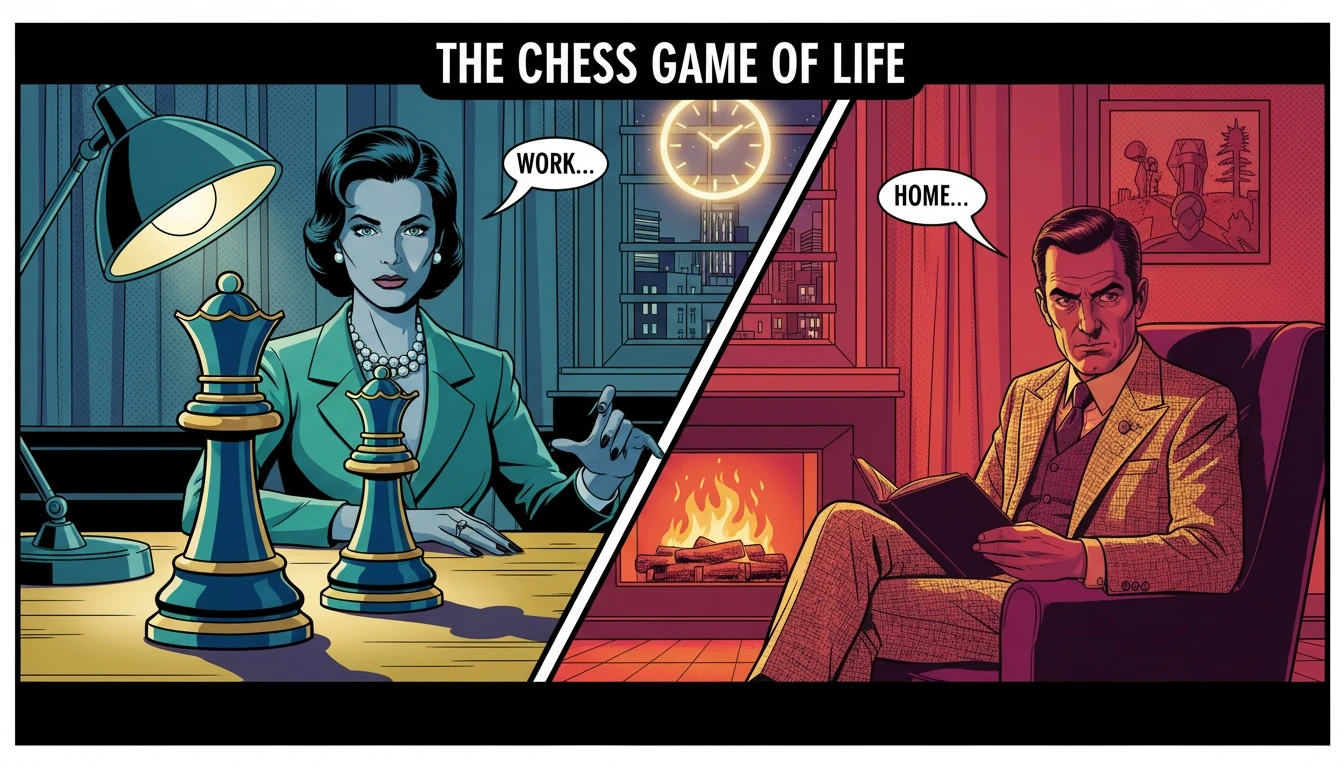 An image symbolizing a guide to working with your spouse, showing professional chess pieces on a desk with a warm home in the background. Filename: guide-to-working-with-your-spouse-bestie-ai.webp