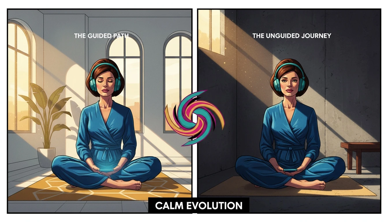 A split image representing the concept of guided vs non guided meditation, showing a person peacefully meditating with and without headphones to symbolize the evolution of their practice. Filename: guided-vs-non-guided-meditation-bestie-ai.webp