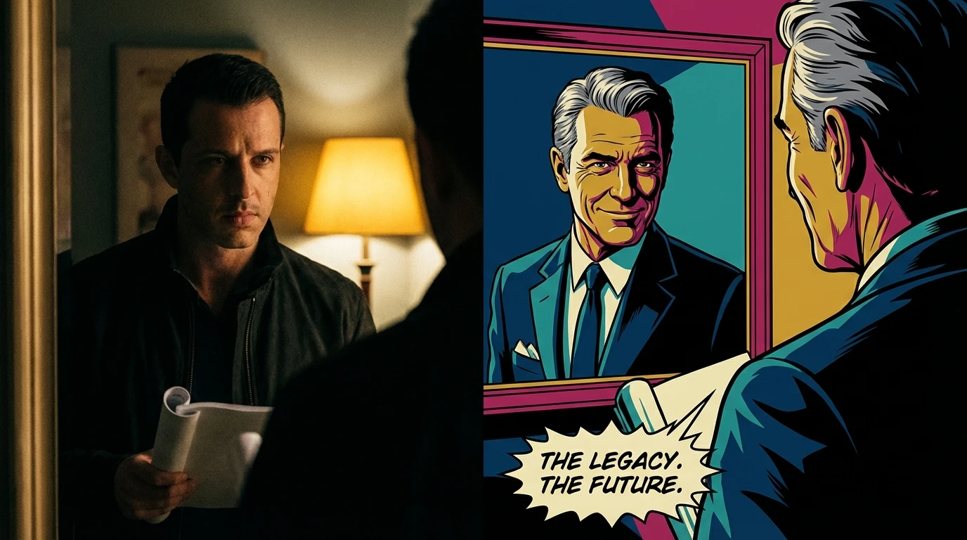 An introspective image representing the on-set mentorship Guy Burnet experiences, showing an actor contemplating his growth and the impact of working with legends. Filename: guy-burnet-mentorship-bestie-ai.webp