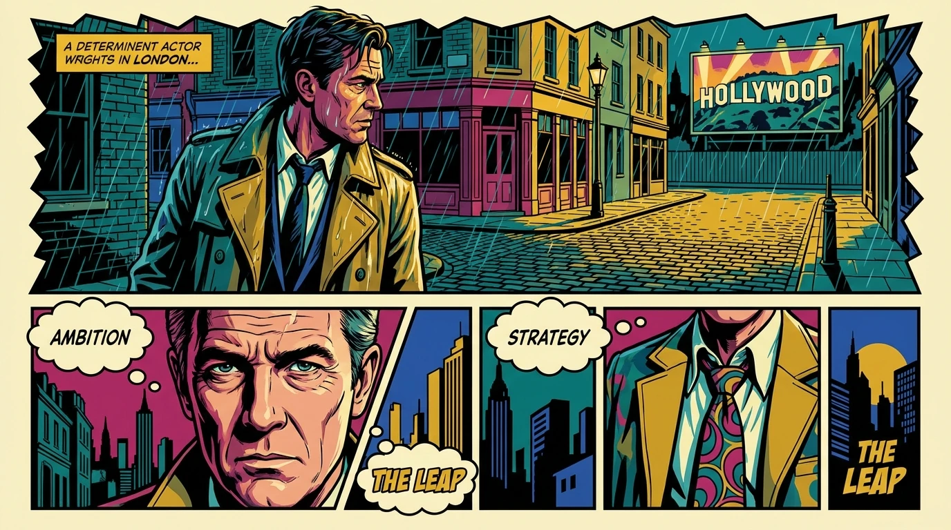 A symbolic image representing the Guy Burnet career path, showing a determined actor transitioning from a gritty UK setting to a glamorous Hollywood future.webp