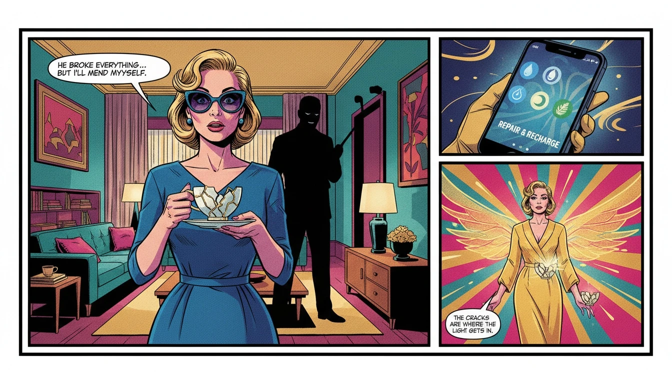 A symbolic image showing a healing kintsugi bowl next to a smartphone with a habit tracker app open, representing how technology can aid in gentle mental wellness routines. Filename: habit-tracker-app-mental-wellness-bestie-ai.webp