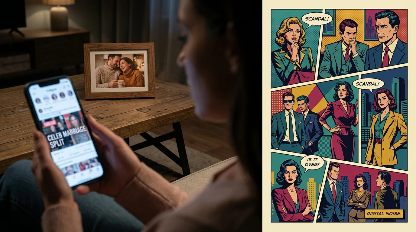 A visual representation of the Hailee Steinfeld Josh Allen relationship timeline, contrasting the chaos of online rumors on a phone screen with the reality of their private connection. filename='hailee-steinfeld-josh-allen-relationship-timeline-bestie-ai.webp'