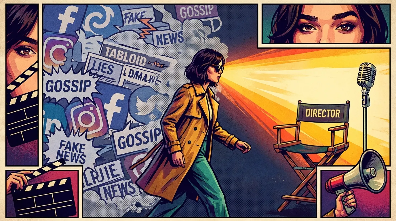 An artistic depiction showing the truth about Hailee Steinfeld upcoming projects, as she walks away from a storm of digital rumors towards a brightly lit microphone and director's chair, symbolizing her real work. hailee-steinfeld-upcoming-projects-bestie-ai.webp