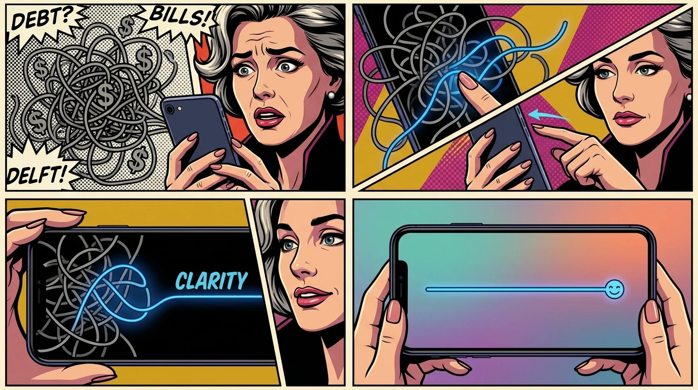 A visual metaphor for understanding Headspace Care cost and insurance, showing tangled financial confusion being transformed into simple clarity on a smartphone screen. filename: headspace-care-cost-insurance-bestie-ai.webp