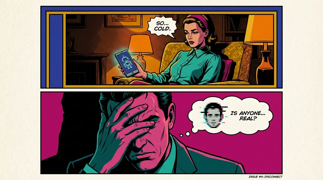 A person feeling let down by poor Headspace Care service quality, symbolized by a robotic therapist on their phone screen in an otherwise warm room. Filename: headspace-care-service-quality-robotic-therapist-bestie-ai.webp