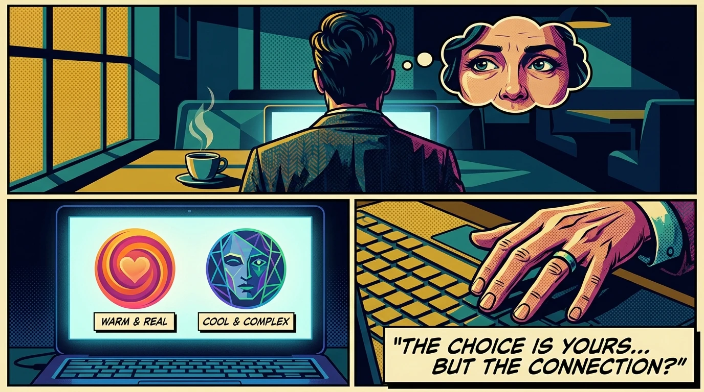 A person contemplating their choice in the Headspace Care vs Better Help debate, shown by two distinct icons on a laptop screen, symbolizing the search for the right online therapist. headspace-care-vs-better-help-comparison.webp