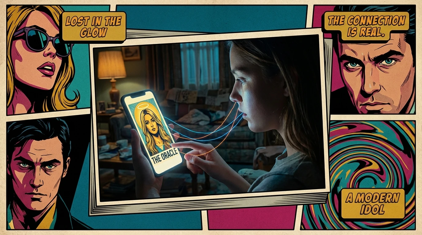 A person illuminated by their phone, symbolizing the fine line between a healthy fan vs unhealthy obsession as they gaze at a celebrity's image, representing the pull of parasocial relationships. Filename: healthy-fan-vs-unhealthy-obsession-bestie-ai.webp