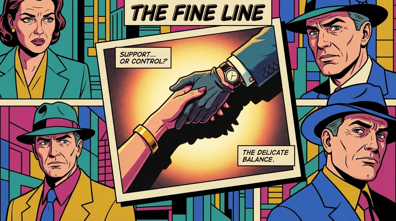 A symbolic image representing the difference between healthy partner influence vs control, with one hand supporting and another subtly restraining. Filename: healthy-partner-influence-vs-control-bestie-ai.webp