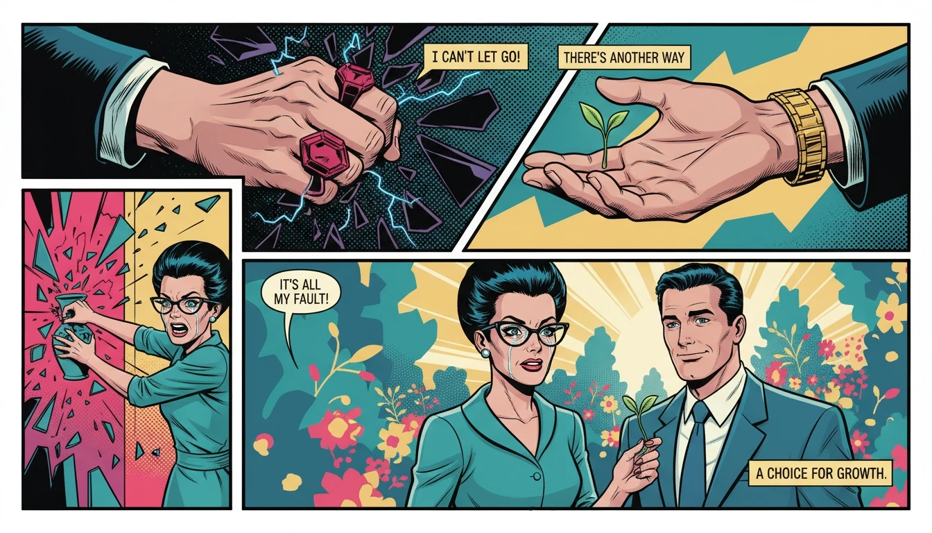 A symbolic image illustrating healthy vs unhealthy coping mechanisms, with one hand clutching broken glass and the other holding a new plant sprout. healthy-vs-unhealthy-coping-mechanisms-bestie-ai.webp