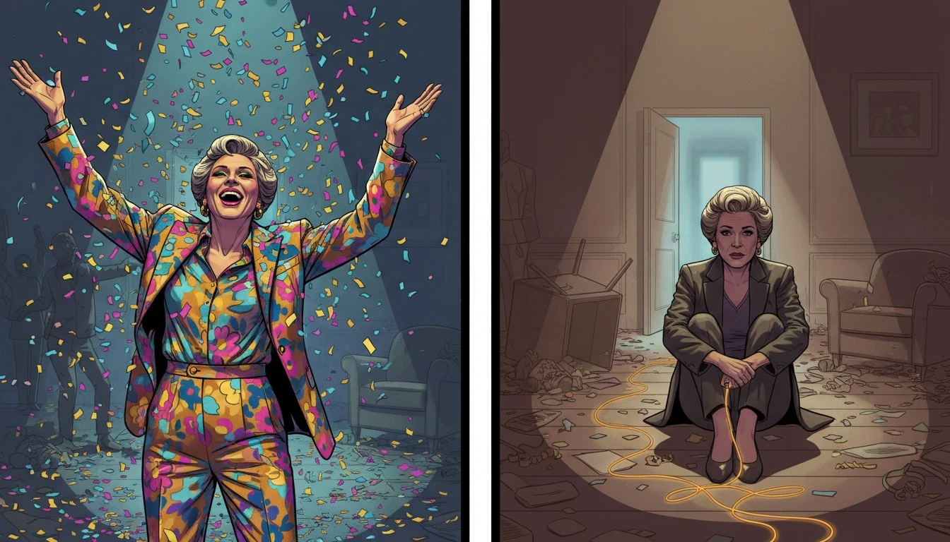 A symbolic diptych illustrating the healthy vs unhealthy ESFP dynamic: one side shows a person thriving in a vibrant, sensory world, while the other depicts them facing the quiet challenge of personal growth.