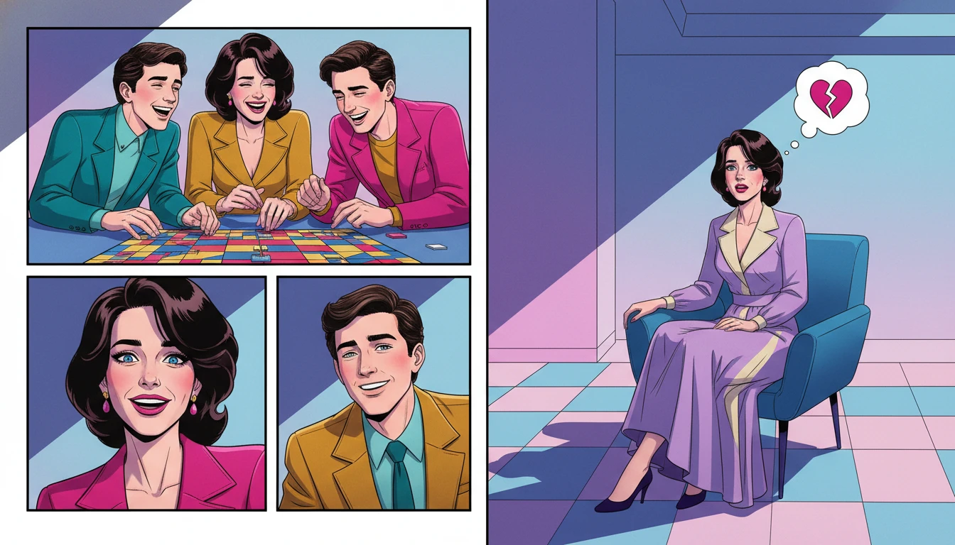 healthy-vs-unhealthy-group-dynamics-bestie-ai.webp - A visual representation of healthy vs unhealthy group dynamics showing one friend isolated from a group in a nostalgic basement setting.