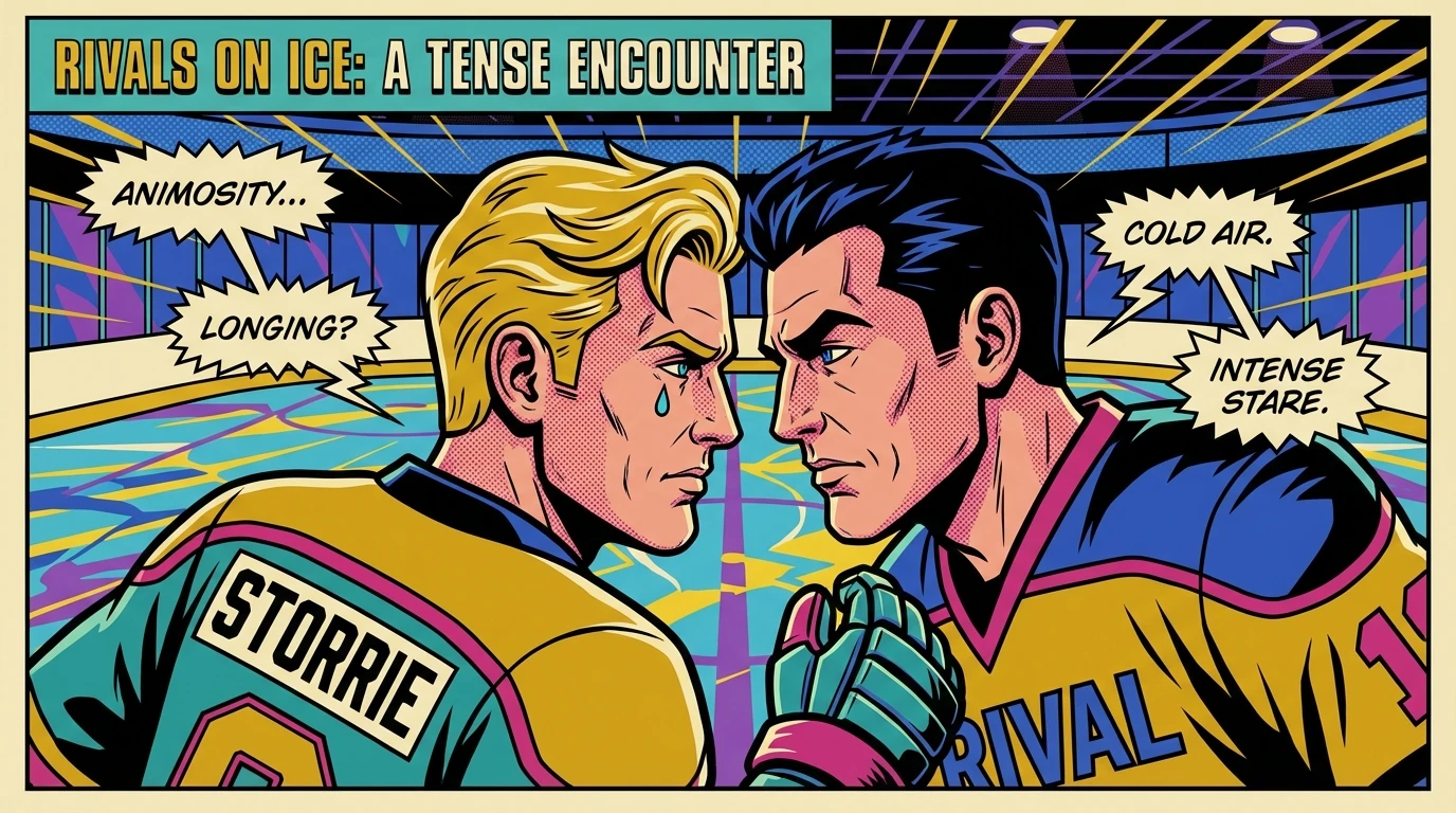 A dramatic depiction of the Heated Rivalry book vs show comparison, showing two male hockey players, including one resembling actor Connor Storrie, in a moment of intense emotional conflict on the ice. heated-rivalry-book-vs-show-comparison-bestie-ai.webp