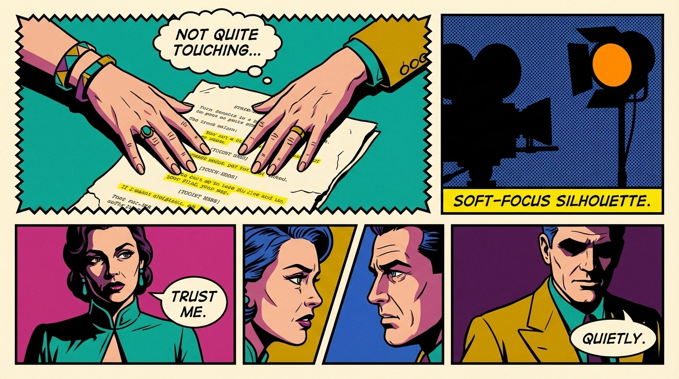 A symbolic image representing the craft behind the 'Heated Rivalry' improv intimate scenes, showing a script and camera to highlight the professional process for actors like Connor Storrie. Filename: heated-rivalry-improv-intimate-scenes-bestie-ai.webp