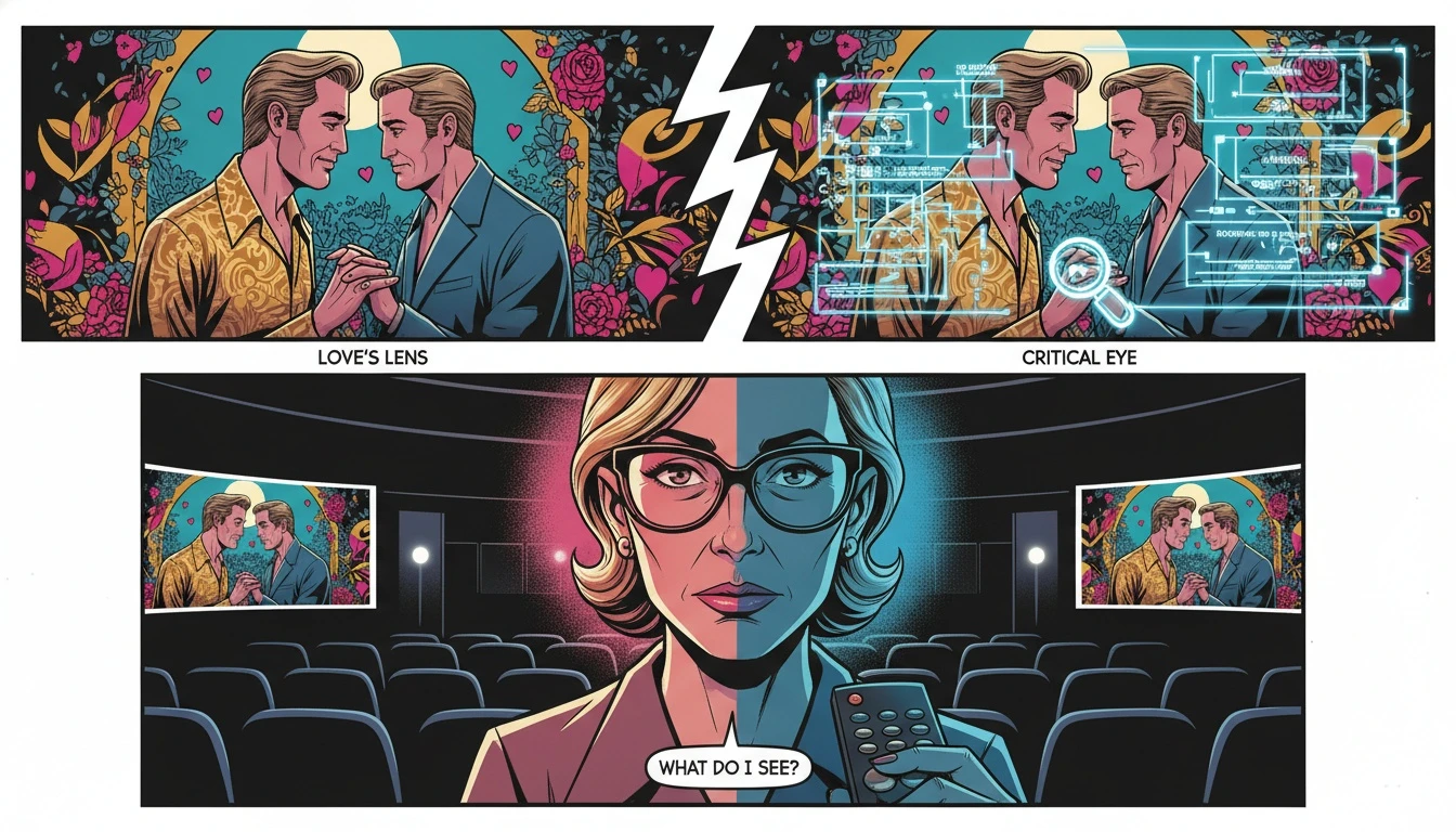 A person performing a Heated Rivalry show analysis; their face is illuminated by a screen showing both a romantic scene and critical text, representing nuanced fandom. Filename: heated-rivalry-show-analysis-slate-controversy-bestie-ai.webp