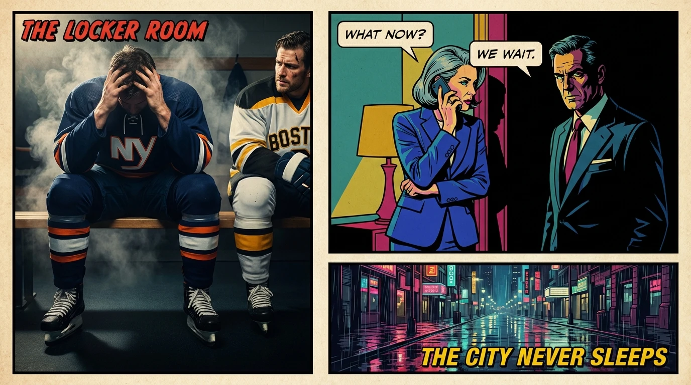 Two rival hockey players on a bench, conveying the complex emotional core of the Heated Rivalry show summary. Filename: heated-rivalry-show-summary-guide-bestie-ai.webp